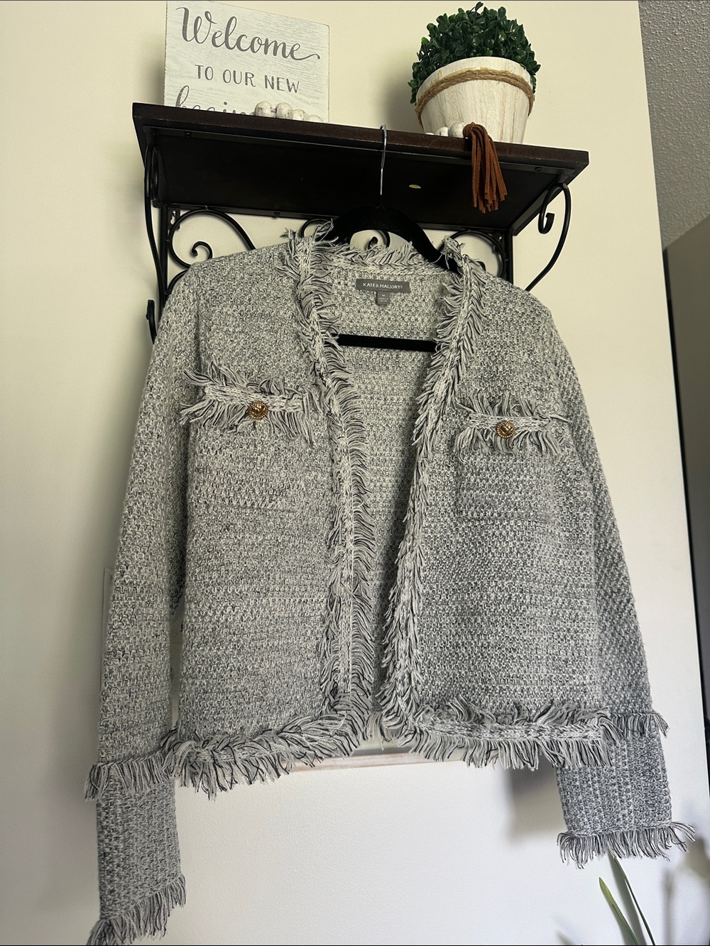 Kate & Mallory Textured Knit Tweed Style Cardigan with Fringe